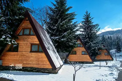 a log cabin in the snow with trees at Domki Czarny Groń in Rzyki