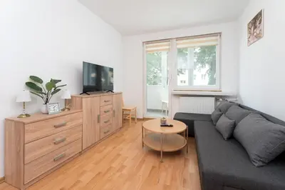 a living room with a couch and a tv at Osiedle Piastów Comfort Apartment by BookingHost in Kraków