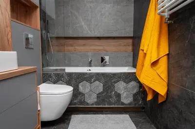 a bathroom with a toilet and a bath tub at Apartament Bonarka in Kraków