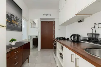 a kitchen with a sink and a counter top at Prusa Stylish Apartment Close to the Center of Cracow by Noclegi Renters in Kraków