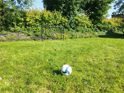a soccer ball in the grass next to a goal at Lavender Retreat in Kraków