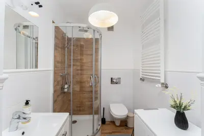 a bathroom with a shower and a sink and a toilet at Malila Premium Apartments Cracow Prażmowskiego 46 in Kraków