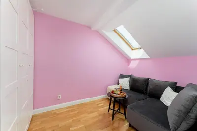 a living room with a gray couch and a pink wall at Malila Premium Apartments Cracow Prażmowskiego 46 in Kraków