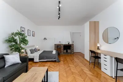 a living room with a couch and a fireplace at Zabłocie Comfort House with parking and garden in Kraków