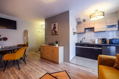 a kitchen and living room with a table and a counter at Honey Apartment by Cracovia Prime in Kraków