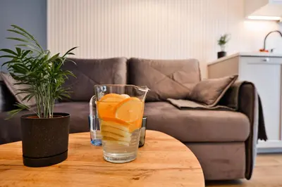 a glass of orange slices on a table in a living room at Flower Blue 2 by Housine in Zator