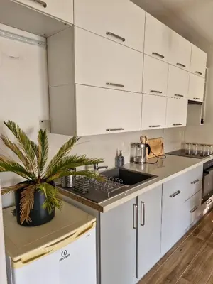 a kitchen with white cabinets and a potted plant at Apartament Ruczaj - Parking & Self Check-in in Kraków