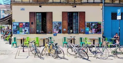 a group of bikes parked in front of a building at Quiet Studio in the heart of Kazimierz AC in Kraków