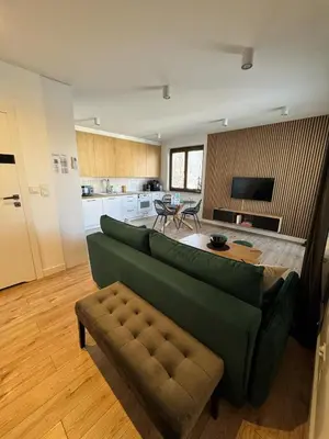a living room with a green couch and a kitchen at Mon Rêve in Kraków