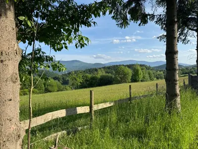 a fence in a field with mountains in the background at Mecenasówka in Zawoja