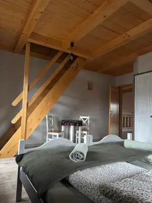 a bedroom with a large bed and wooden ceilings at Mecenasówka in Zawoja