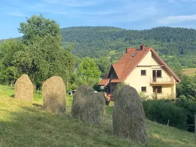 a group of hay stacks in a field next to a house at W górach nad strumieniem in Bieńkówka