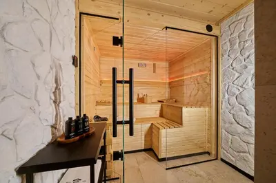 a sauna with a glass door in a bathroom at Arete' 710 Stryszawa in Stryszawa