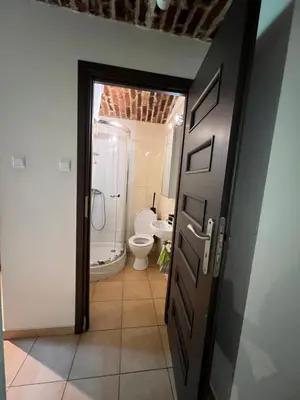 a bathroom with a toilet and a sink and a door at Kawalerka-Studio underground in Kraków