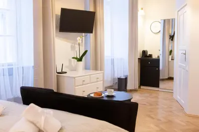 a living room with a couch and a tv at Apartments Roman in Kraków