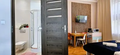 a bathroom with a sliding door to a bedroom at Old Town KRAKÓW STUDIO in Kraków