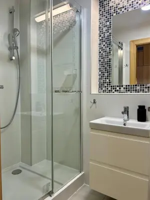 a bathroom with a shower and a sink at Vintage Studencka 25 Apartment in Kraków