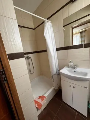 a bathroom with a tub shower and a sink at Noclegi Pod Lasem in Zubrzyca Górna