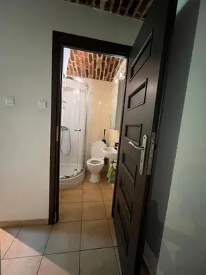 a bathroom with a toilet and a door open at Kawalerka,studio underground in Kraków