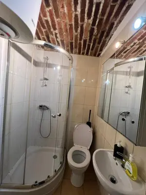 a bathroom with a shower and a toilet and a sink at Kawalerka,studio underground in Kraków
