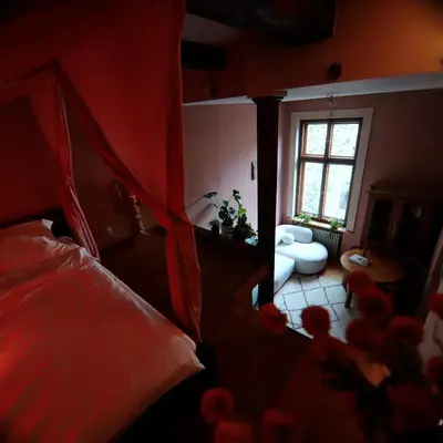 a living room with a bed and a window at Rose & Thyme Artisan Studio in Old Town in Kraków