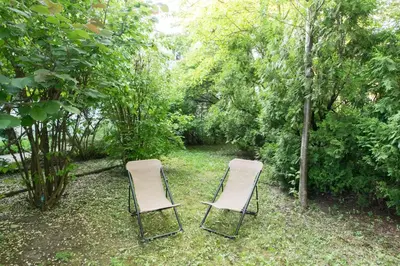 two chairs sitting in the grass in a garden at Cozy Flat with a Garden in Kraków