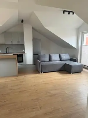 a living room with a couch in the middle of a kitchen at Apartament ,nocleg, wysoki standard in Niepołomice
