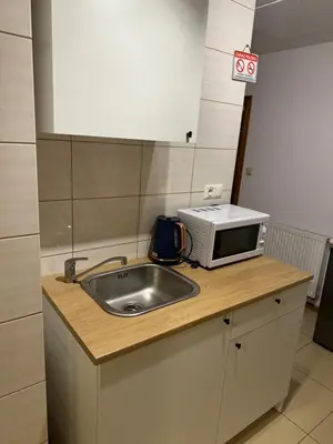 a kitchen counter with a sink and a microwave at Łysokanie, Niepołomice , noclegi, kwatery dla firm, pokoje in Łysokanie