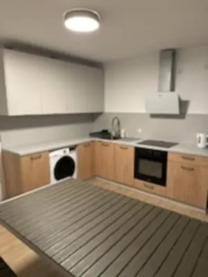 an empty kitchen with a stove and a dishwasher at Podłęże, Niepołomice, noclegi, kwatery pracownicze dla firm