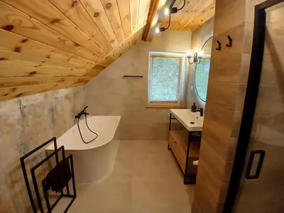a shower in a bathroom with wooden walls at Dom nad Potokiem in Korzkiew