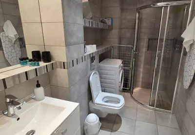 a bathroom with a shower and a toilet and a sink at Lightrooms Apartments in Kraków