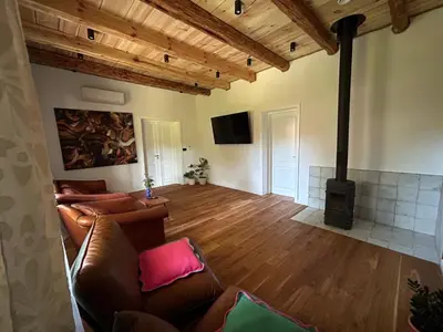 a living room with a couch and a fireplace at Rogaty Dworek in Kornatka