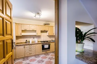 a kitchen with wooden cabinets and a potted plant at Agrozacisze in Zubrzyca Górna