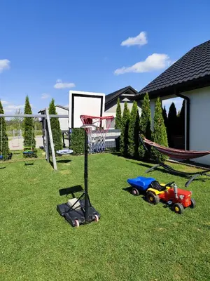 a basketball hoop and a toy car on the grass at Domki pod skarpą Zator 27 in Zator