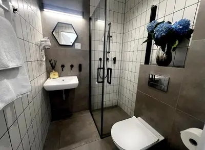 a bathroom with a shower with a toilet and a sink at Susan Apartaments Kraków Kazimierz in Kraków