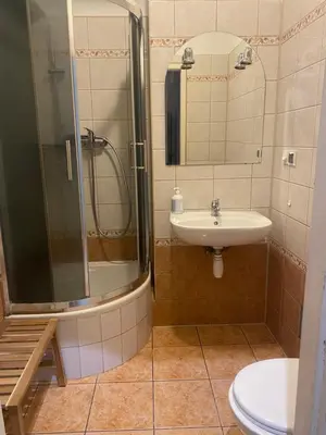 a bathroom with a sink and a shower and a toilet at Luna Rooms in Kraków