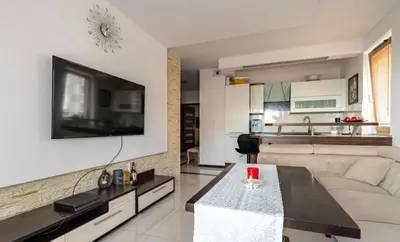 a living room with a couch and a tv on a wall at Apartment with living room, kitchen, bedroom, bathroom in amazing neighborhood in Kraków
