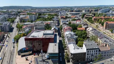 an aerial view of a city with buildings at Topolowa Modern Studio by BookingHost in Kraków