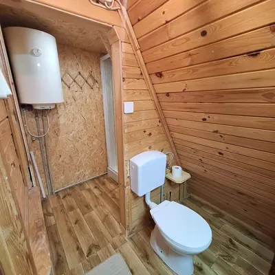 a bathroom with a toilet and a wooden wall at Przytulny domek na skraju lasu in Tabaszowa
