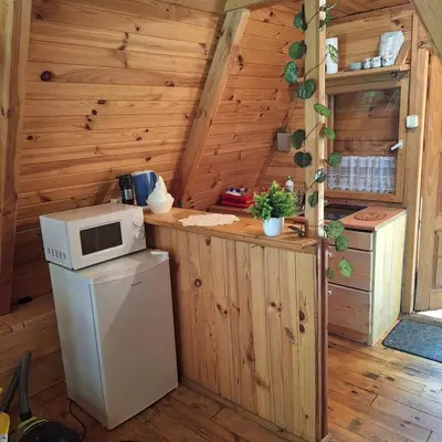 a kitchen with a microwave on top of a refrigerator at Przytulny domek na skraju lasu in Tabaszowa