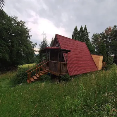 a small house with a red roof in a field at Przytulny domek na skraju lasu in Tabaszowa