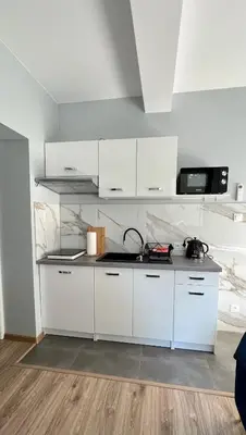 a kitchen with white cabinets and a sink at Aparthotel w Dolinie Stawów Zator in Zator