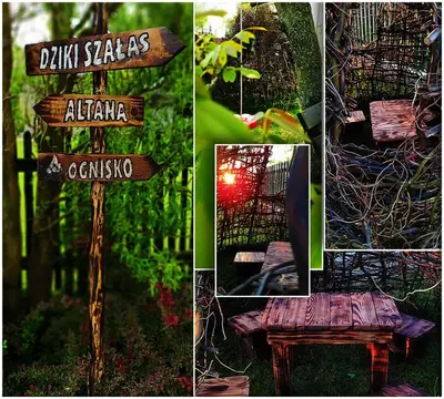 a collage of signs with a bench and a bird cage at Jurajska47 - trójka in Wola Kalinowska