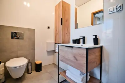 a bathroom with a toilet and a sink at Revel Apart in Zator