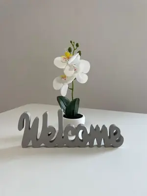 a white flower in a white shelf with the word malcolm at Solny apartament