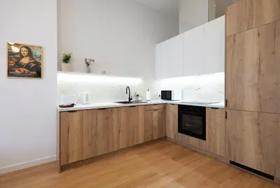 a kitchen with white walls and wooden cabinets at Apartamenty Złota Brama in Kraków