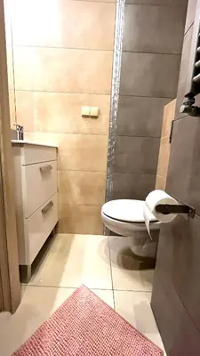 a bathroom with a toilet and a shower and a rug at Studio for One in Kraków