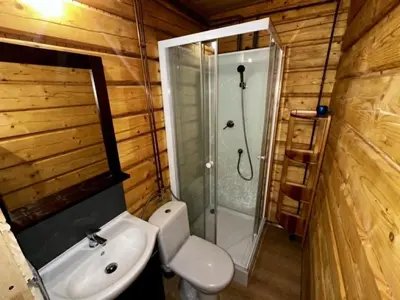 a bathroom with a shower and a toilet and a sink at Samotnia w Górach Odludzie Domek in Ochotnica Górna