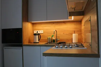 a kitchen with a stove and a counter top at Apartament Żabie Oczko in Zator