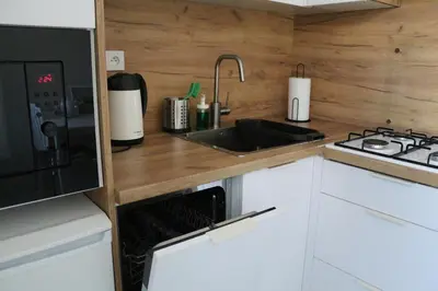 a small kitchen with a sink and a stove at Apartament Żabie Oczko in Zator